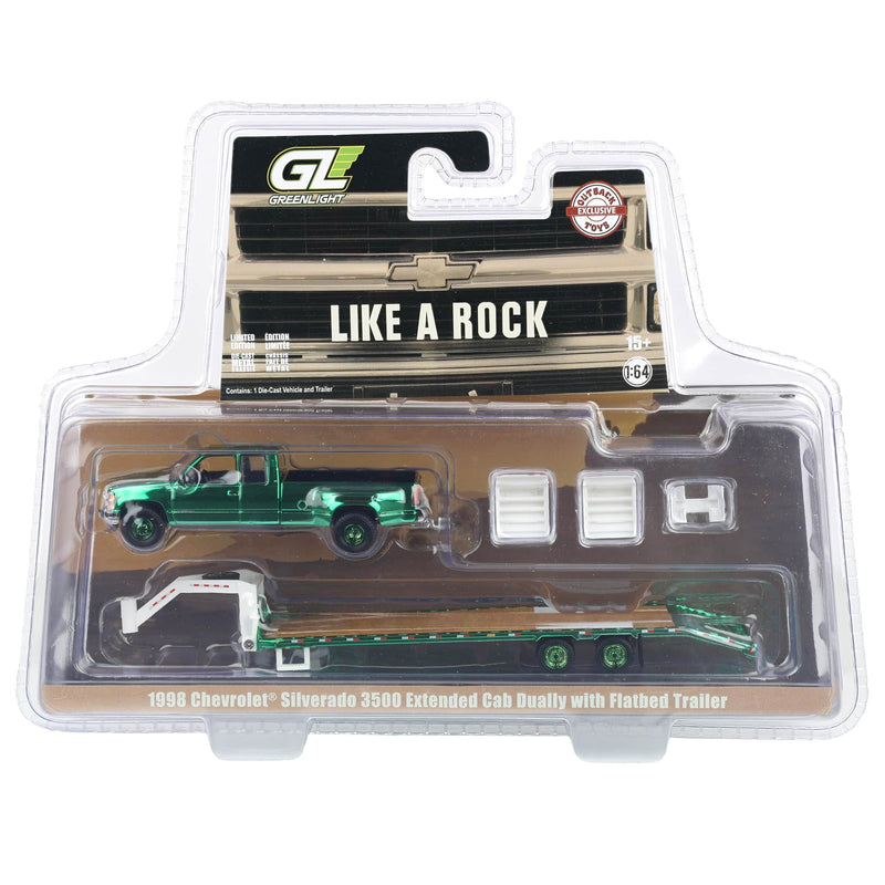 Green Chrome Chase Unit ~ 1/64 1998 Chevrolet Silverado 3500 Ext. Cab Dually with Flatbed Trailer, OBT Exclusive