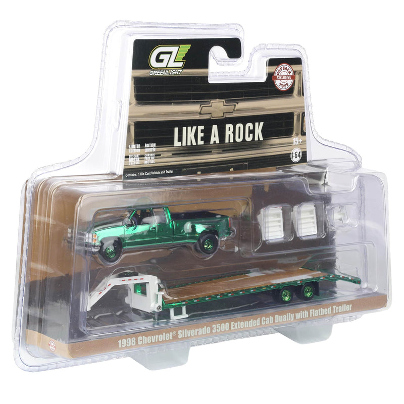 Green Chrome Chase Unit ~ 1/64 1998 Chevrolet Silverado 3500 Ext. Cab Dually with Flatbed Trailer, OBT Exclusive