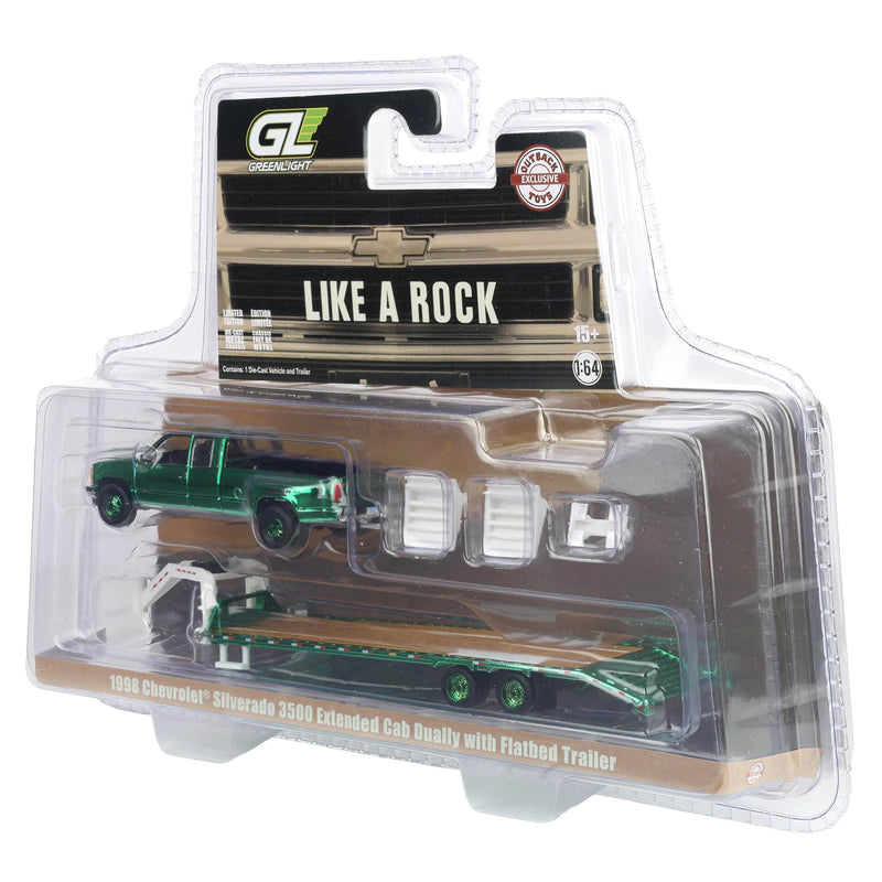 Green Chrome Chase Unit ~ 1/64 1998 Chevrolet Silverado 3500 Ext. Cab Dually with Flatbed Trailer, OBT Exclusive