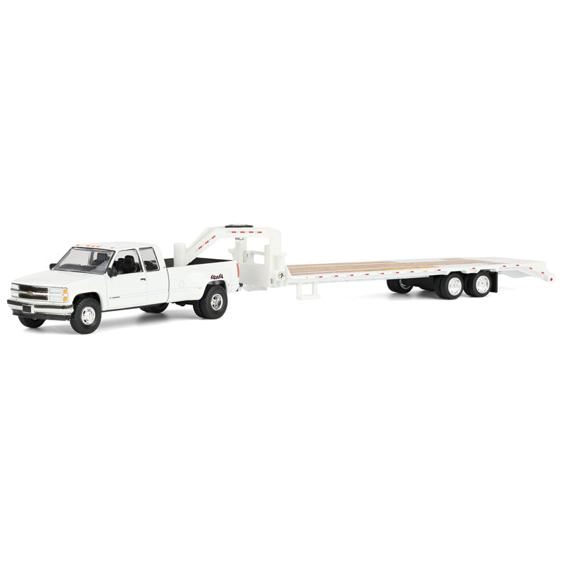 1/64 1998 Chevrolet Silverado 3500 Extended Cab Dually Pickup Truck with Gooseneck Flatbed Trailer, White, Outback Toys Exclusive