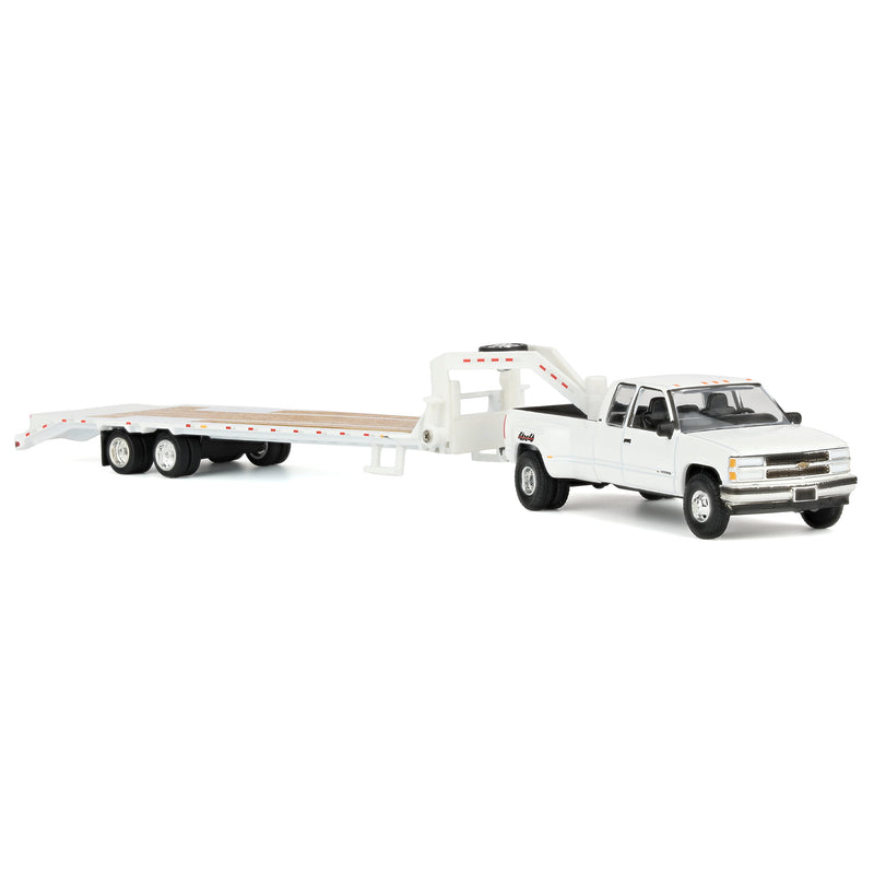 1/64 1998 Chevrolet Silverado 3500 Extended Cab Dually Pickup Truck with Gooseneck Flatbed Trailer, White, Outback Toys Exclusive