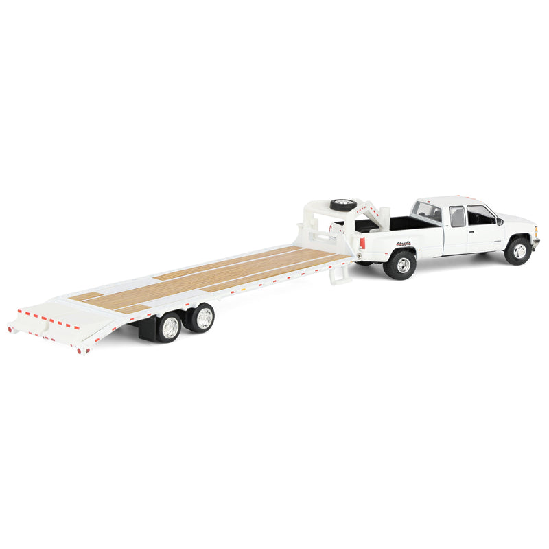 1/64 1998 Chevrolet Silverado 3500 Extended Cab Dually Pickup Truck with Gooseneck Flatbed Trailer, White, Outback Toys Exclusive