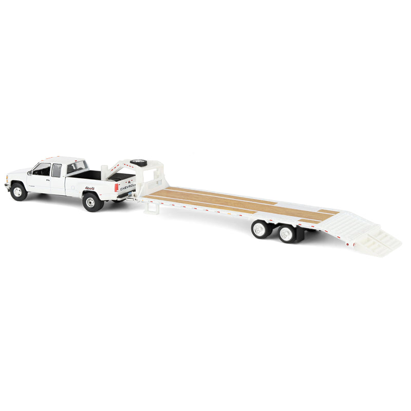 1/64 1998 Chevrolet Silverado 3500 Extended Cab Dually Pickup Truck with Gooseneck Flatbed Trailer, White, Outback Toys Exclusive
