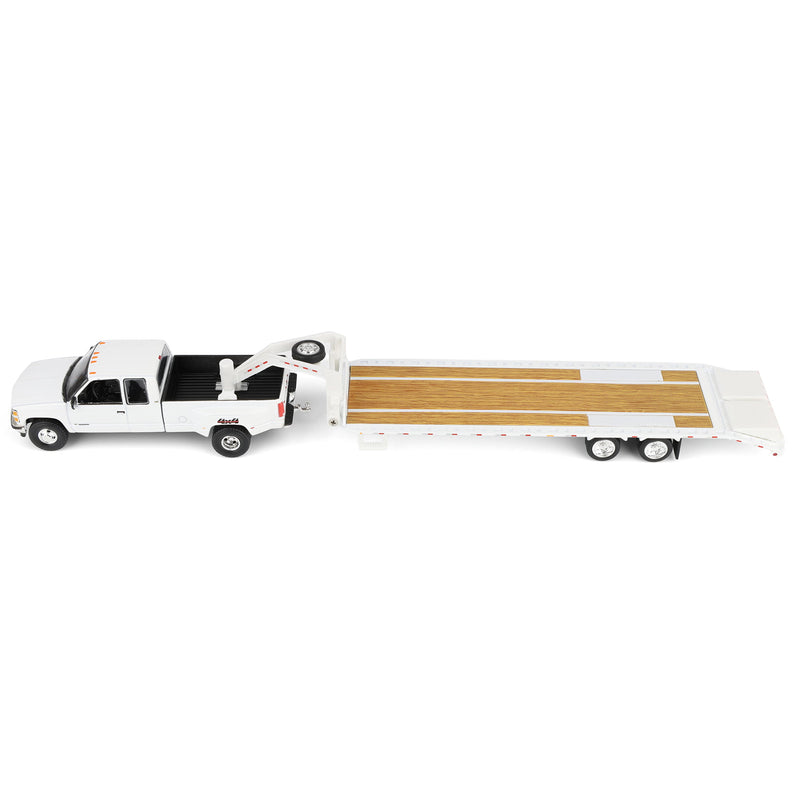 1/64 1998 Chevrolet Silverado 3500 Extended Cab Dually Pickup Truck with Gooseneck Flatbed Trailer, White, Outback Toys Exclusive