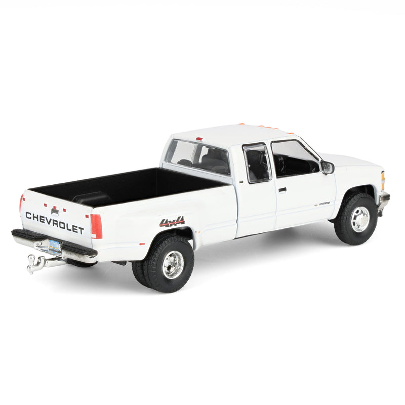 1/64 1998 Chevrolet Silverado 3500 Extended Cab Dually Pickup Truck with Gooseneck Flatbed Trailer, White, Outback Toys Exclusive