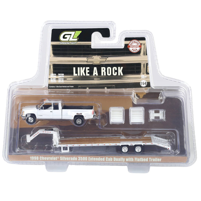 1/64 1998 Chevrolet Silverado 3500 Extended Cab Dually Pickup Truck with Gooseneck Flatbed Trailer, White, Outback Toys Exclusive