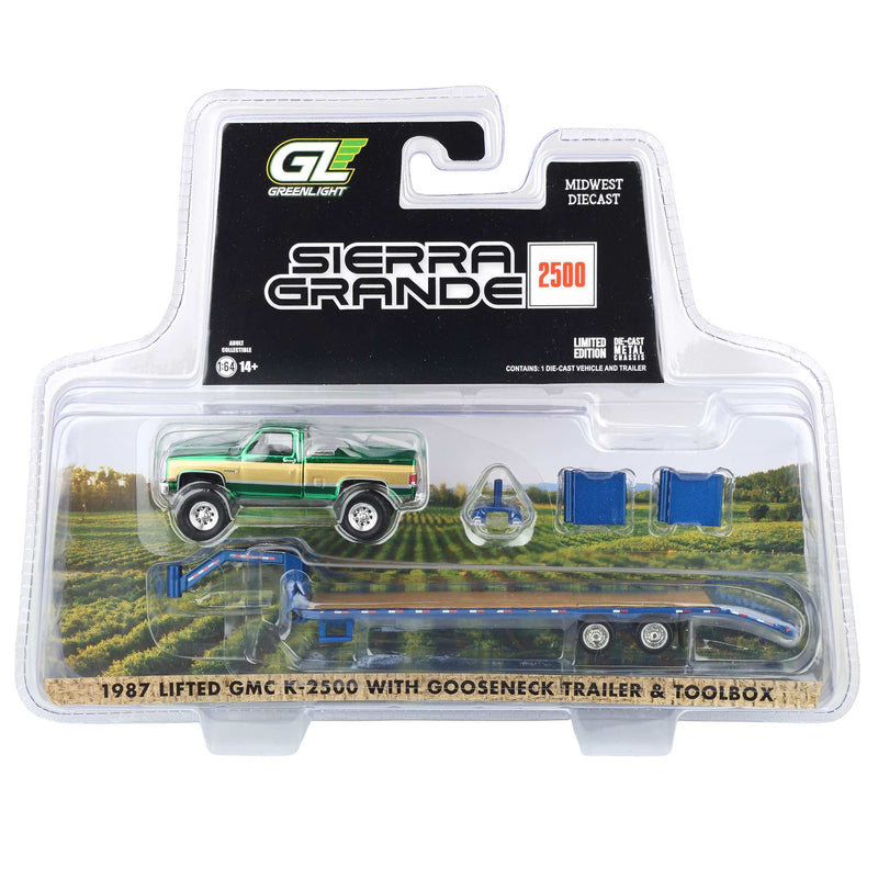 Green Chrome Chase Unit ~ 1/64 Lifted 1987 GMC K2500 Pickup Truck with Toolbox & Gooseneck Flatbed Trailer