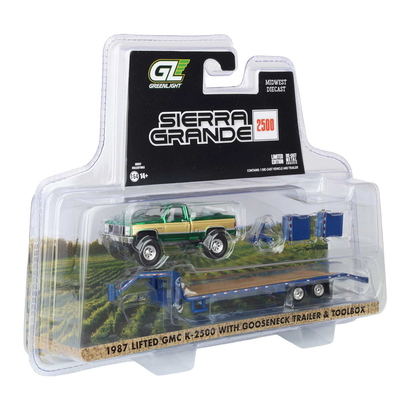 Green Chrome Chase Unit ~ 1/64 Lifted 1987 GMC K2500 Pickup Truck with Toolbox & Gooseneck Flatbed Trailer