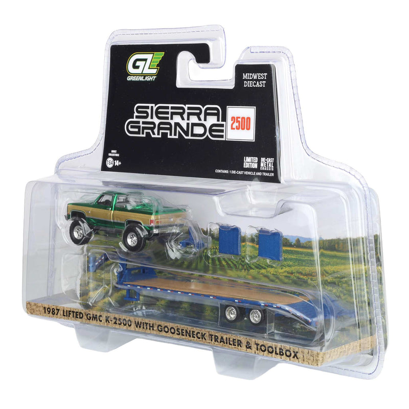 Green Chrome Chase Unit ~ 1/64 Lifted 1987 GMC K2500 Pickup Truck with Toolbox & Gooseneck Flatbed Trailer