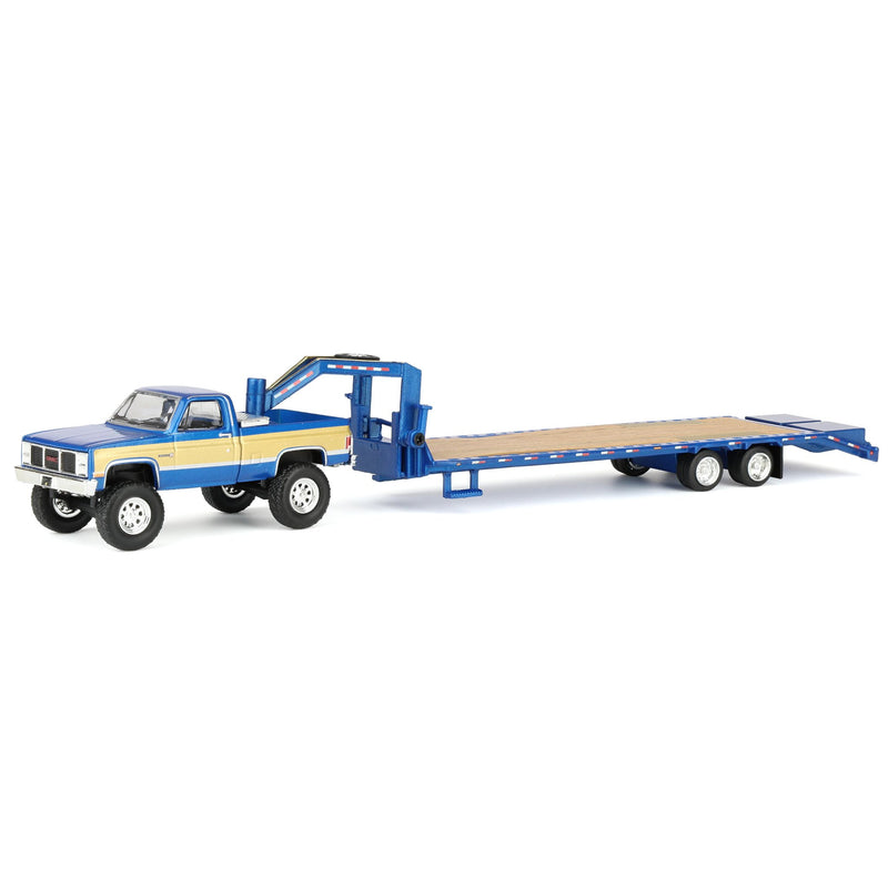 1/64 Lifted 1987 GMC K2500 Pickup Truck with Toolbox & Gooseneck Flatbed Trailer, Blue & Gold