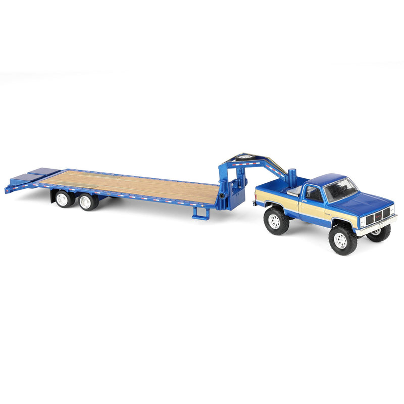 1/64 Lifted 1987 GMC K2500 Pickup Truck with Toolbox & Gooseneck Flatbed Trailer, Blue & Gold