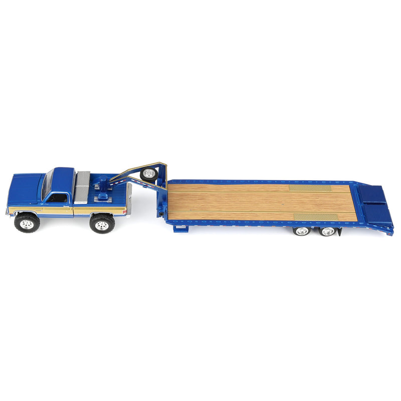 1/64 Lifted 1987 GMC K2500 Pickup Truck with Toolbox & Gooseneck Flatbed Trailer, Blue & Gold