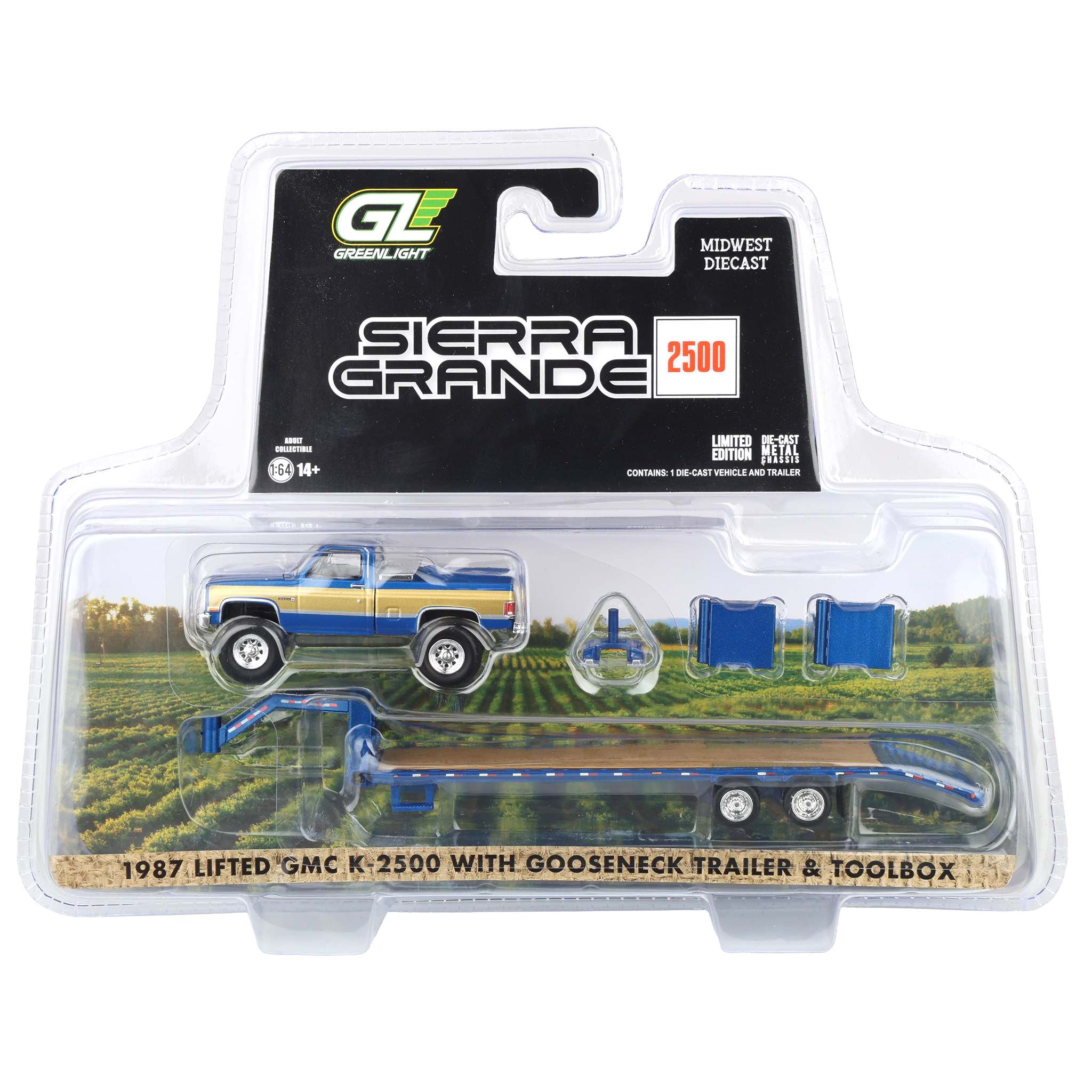 1/64 Lifted 1987 GMC K2500 Pickup Truck with Toolbox & Gooseneck