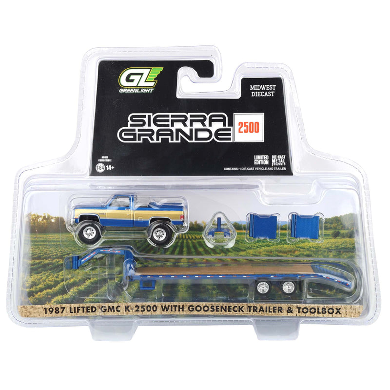 1/64 Lifted 1987 GMC K2500 Pickup Truck with Toolbox & Gooseneck Flatbed Trailer, Blue & Gold