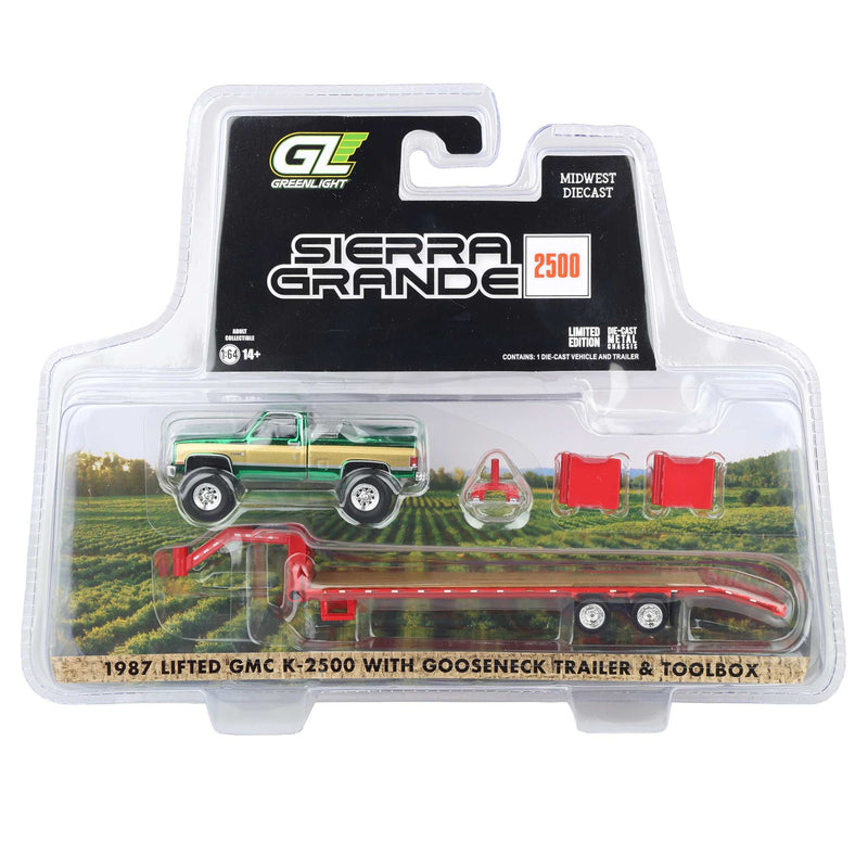 Green Chrome Chase Unit ~ 1/64 Lifted 1987 GMC K2500 Pickup Truck with Toolbox & Gooseneck Flatbed Trailer