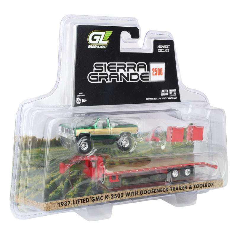 Green Chrome Chase Unit ~ 1/64 Lifted 1987 GMC K2500 Pickup Truck with Toolbox & Gooseneck Flatbed Trailer