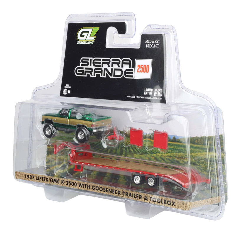 Green Chrome Chase Unit ~ 1/64 Lifted 1987 GMC K2500 Pickup Truck with Toolbox & Gooseneck Flatbed Trailer