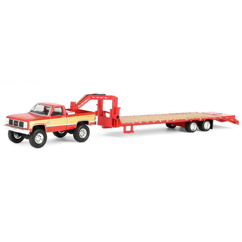 1/64 Lifted 1987 GMC K2500 Pickup Truck with Toolbox & Gooseneck Flatbed Trailer, Red & Gold