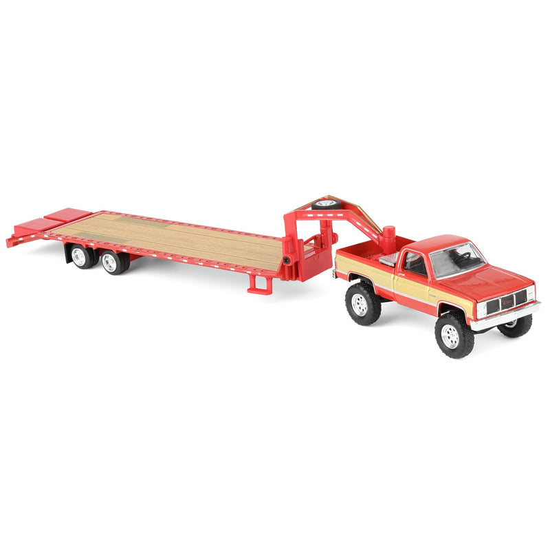 1/64 Lifted 1987 GMC K2500 Pickup Truck with Toolbox & Gooseneck Flatbed Trailer, Red & Gold