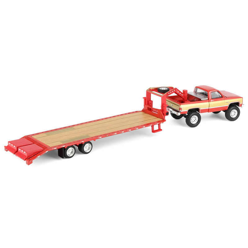 1/64 Lifted 1987 GMC K2500 Pickup Truck with Toolbox & Gooseneck Flatbed Trailer, Red & Gold