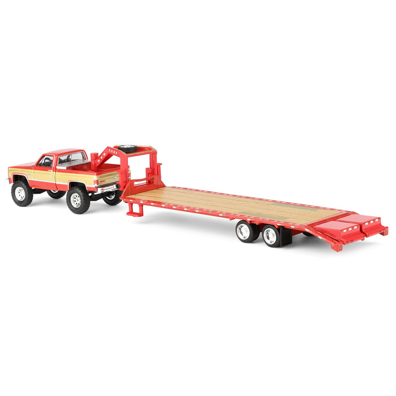 1/64 Lifted 1987 GMC K2500 Pickup Truck with Toolbox & Gooseneck Flatbed Trailer, Red & Gold