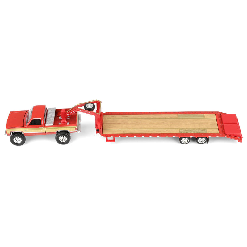 1/64 Lifted 1987 GMC K2500 Pickup Truck with Toolbox & Gooseneck Flatbed Trailer, Red & Gold
