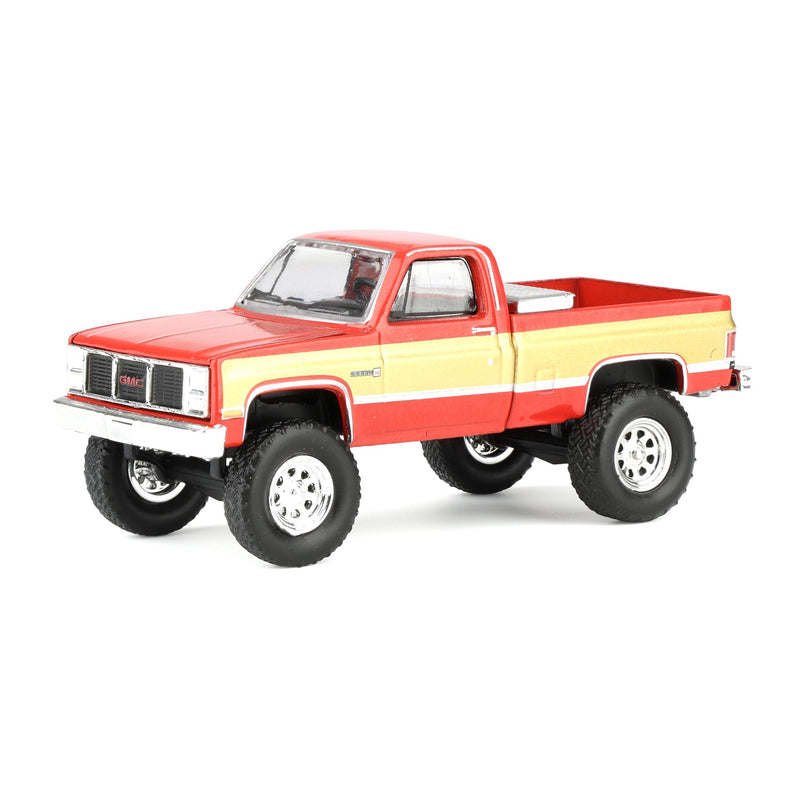 1/64 Lifted 1987 GMC K2500 Pickup Truck with Toolbox & Gooseneck Flatbed Trailer, Red & Gold