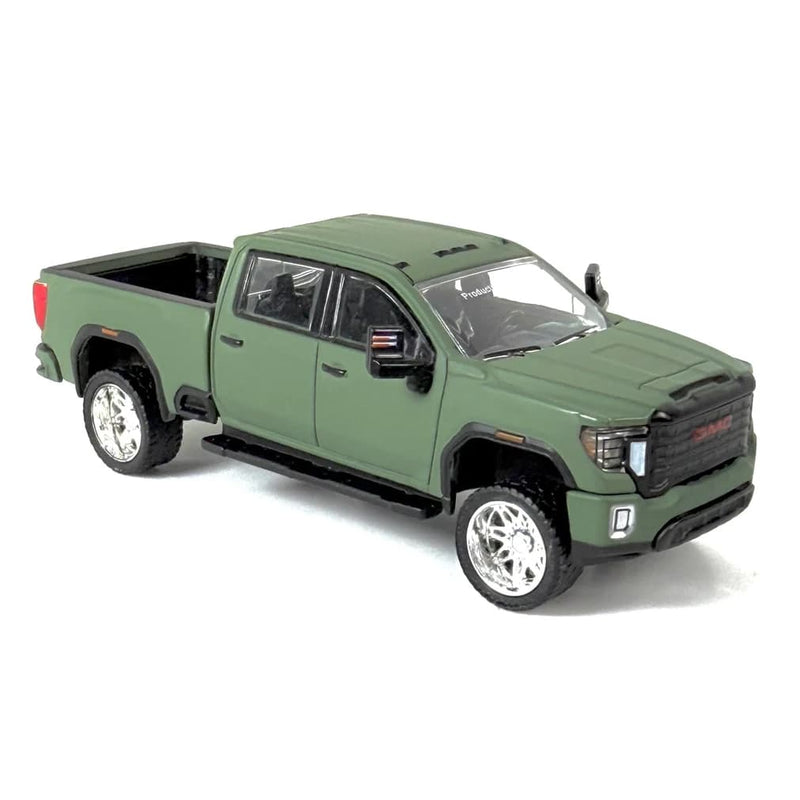 1/64 Lifted 2022 GMC Sierra 2500 SLT Pickup Truck with Custom Rims in Matte Dark Green by GreenLight Collectibles, Dealer Exclusive