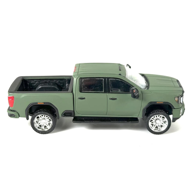 1/64 Lifted 2022 GMC Sierra 2500 SLT Pickup Truck with Custom Rims in Matte Dark Green by GreenLight Collectibles, Dealer Exclusive