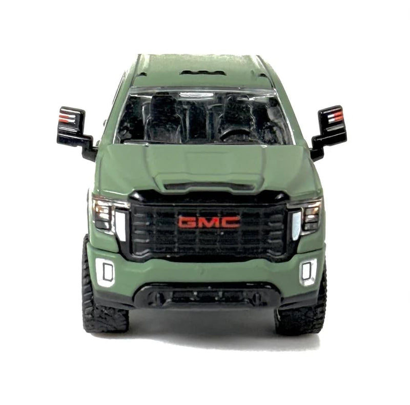 1/64 Lifted 2022 GMC Sierra 2500 SLT Pickup Truck with Custom Rims in Matte Dark Green by GreenLight Collectibles, Dealer Exclusive