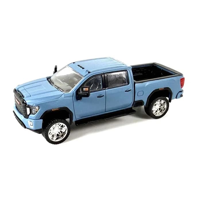 1/64 Lifted 2022 GMC Sierra 2500 SLT Pickup Truck with Custom Rims in Matte Blue by GreenLight Collectibles, Dealer Exclusive