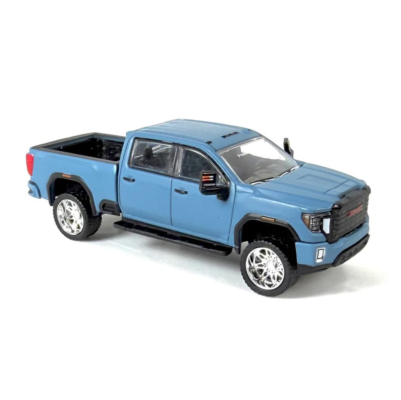 1/64 Lifted 2022 GMC Sierra 2500 SLT Pickup Truck with Custom Rims in Matte Blue by GreenLight Collectibles, Dealer Exclusive