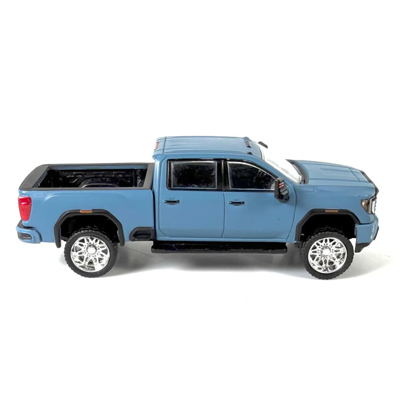 1/64 Lifted 2022 GMC Sierra 2500 SLT Pickup Truck with Custom Rims in Matte Blue by GreenLight Collectibles, Dealer Exclusive