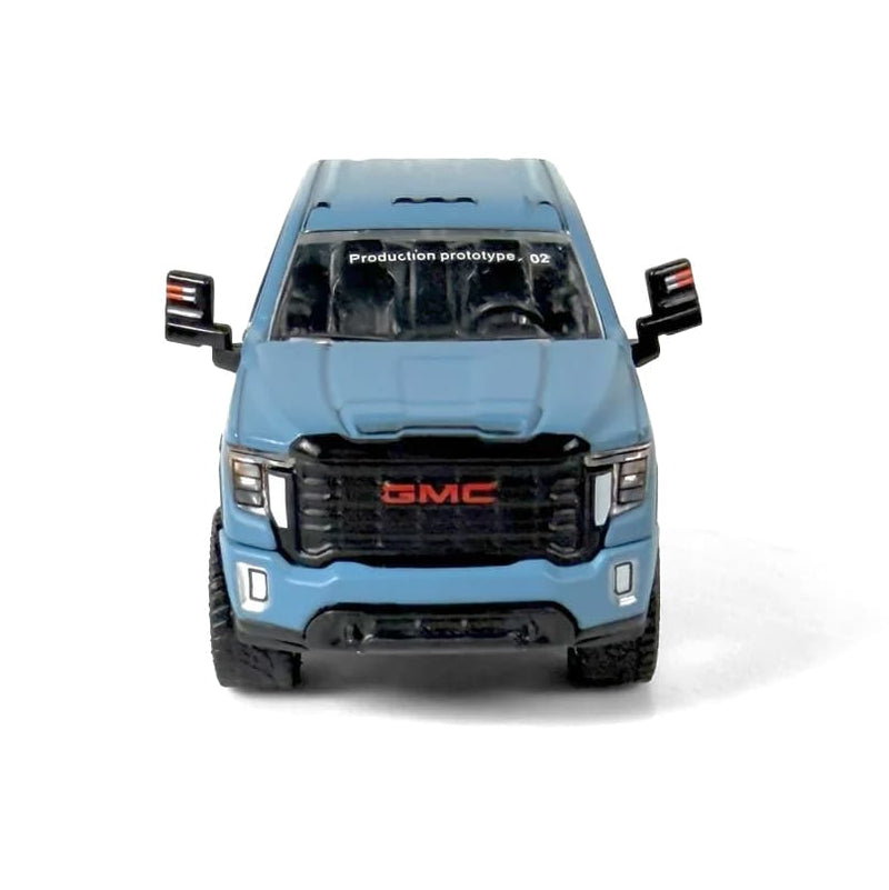 1/64 Lifted 2022 GMC Sierra 2500 SLT Pickup Truck with Custom Rims in Matte Blue by GreenLight Collectibles, Dealer Exclusive