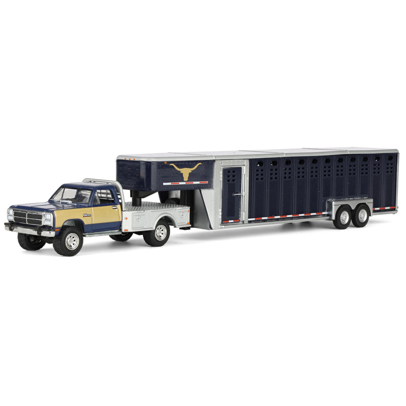 1/64 1992 Navy & Gold 1st Gen Dodge Ram Dually Flatbed with Navy Gooseneck Livestock Trailer, OBT Exclusive