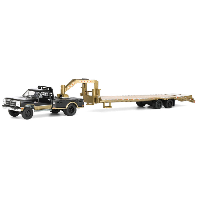 1/64 1992 Black & Gold 1st Gen Dodge Ram Dually Flatbed Truck with Gold Gooseneck Flatbed Trailer, OBT Exclusive
