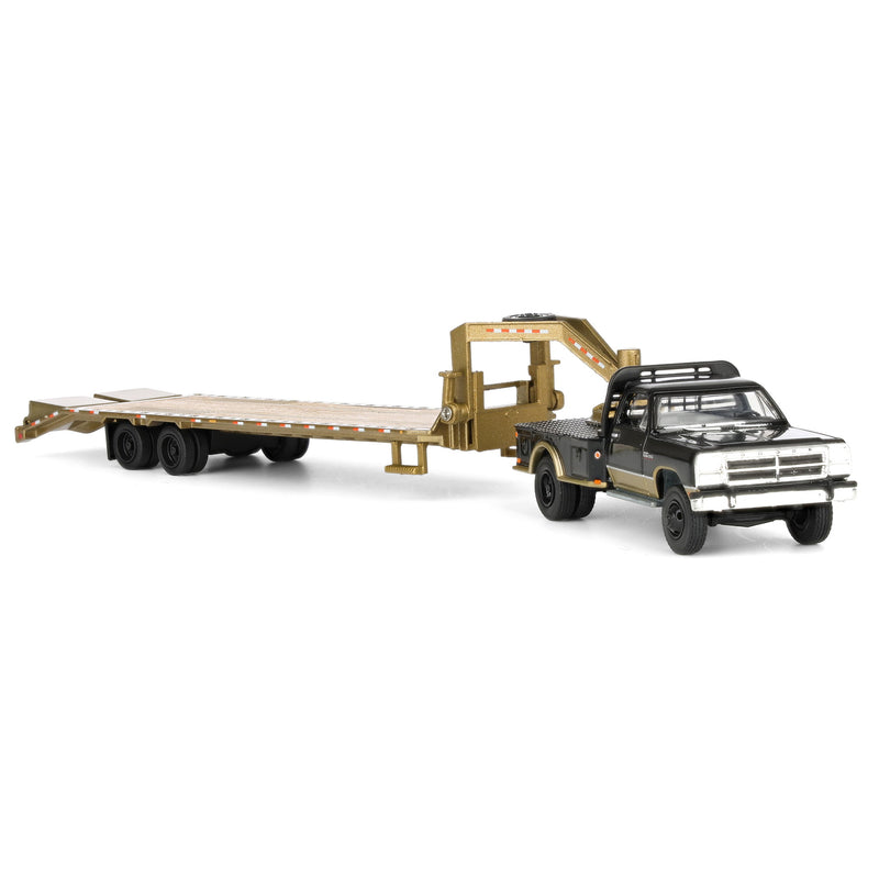 1/64 1992 Black & Gold 1st Gen Dodge Ram Dually Flatbed Truck with Gold Gooseneck Flatbed Trailer, OBT Exclusive