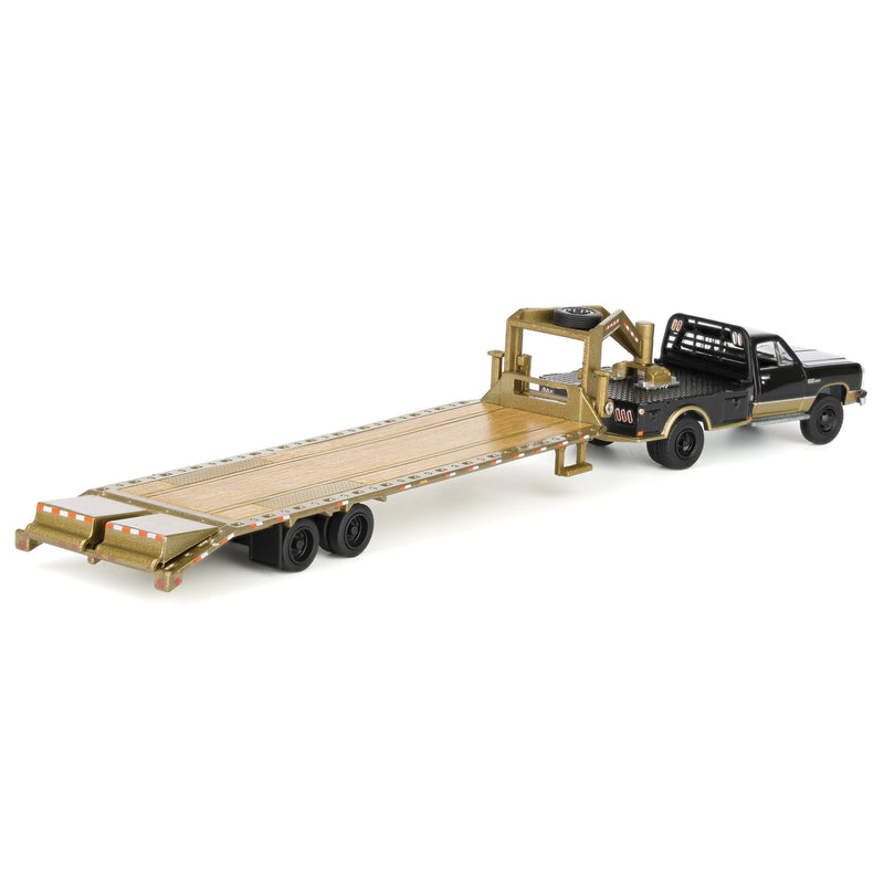 1/64 1992 Black & Gold 1st Gen Dodge Ram Dually Flatbed Truck with Gold Gooseneck Flatbed Trailer, OBT Exclusive