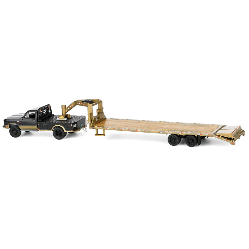 1/64 1992 Black & Gold 1st Gen Dodge Ram Dually Flatbed Truck with Gold Gooseneck Flatbed Trailer, OBT Exclusive
