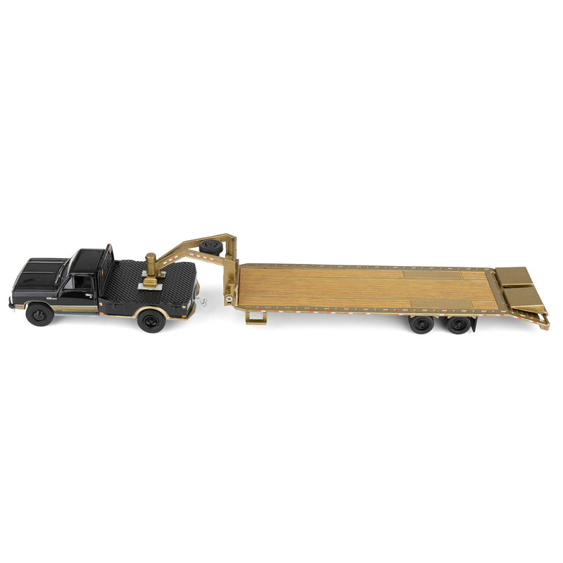 1/64 1992 Black & Gold 1st Gen Dodge Ram Dually Flatbed Truck with Gold Gooseneck Flatbed Trailer, OBT Exclusive