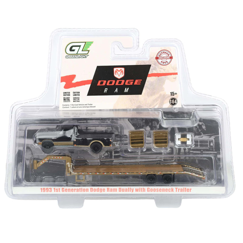 1/64 1992 Black & Gold 1st Gen Dodge Ram Dually Flatbed Truck with Gold Gooseneck Flatbed Trailer, OBT Exclusive