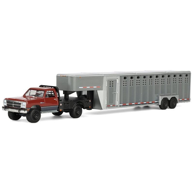 1/64 1992 Maroon & Charcoal 1st Gen Dodge Ram Dually Flatbed with Charcoal Gooseneck Livestock Trailer, OBT Exclusive