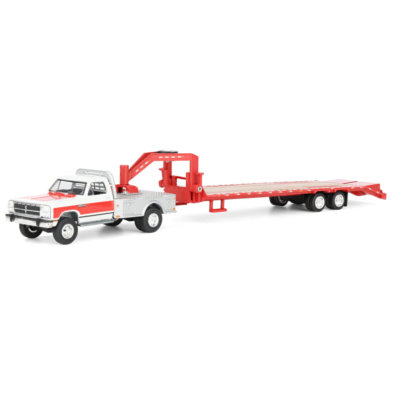1/64 1992 White & Red 1st Gen Dodge Ram Dually Flatbed Truck with Red Gooseneck Flatbed Trailer, OBT Exclusive