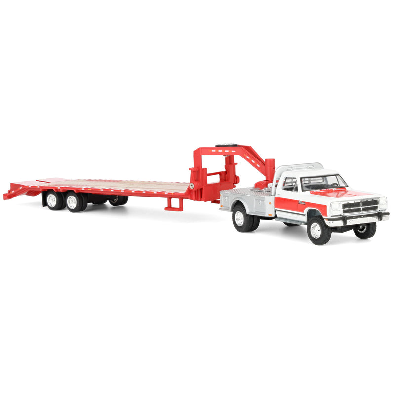 1/64 1992 White & Red 1st Gen Dodge Ram Dually Flatbed Truck with Red Gooseneck Flatbed Trailer, OBT Exclusive
