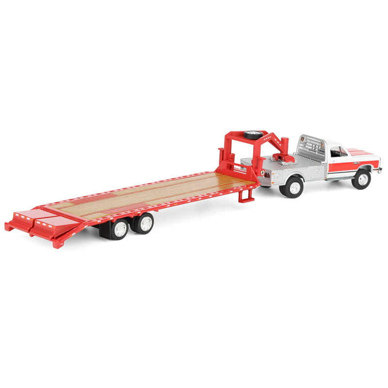 1/64 1992 White & Red 1st Gen Dodge Ram Dually Flatbed Truck with Red Gooseneck Flatbed Trailer, OBT Exclusive