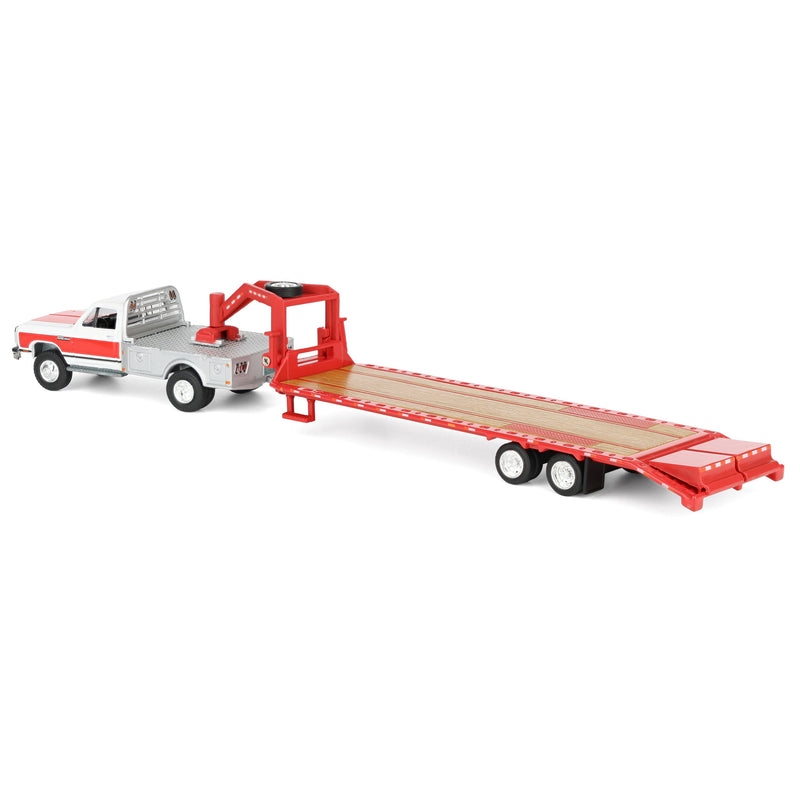 1/64 1992 White & Red 1st Gen Dodge Ram Dually Flatbed Truck with Red Gooseneck Flatbed Trailer, OBT Exclusive
