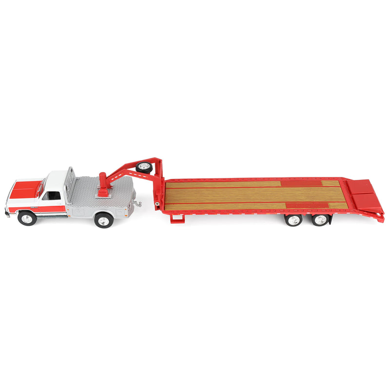 1/64 1992 White & Red 1st Gen Dodge Ram Dually Flatbed Truck with Red Gooseneck Flatbed Trailer, OBT Exclusive