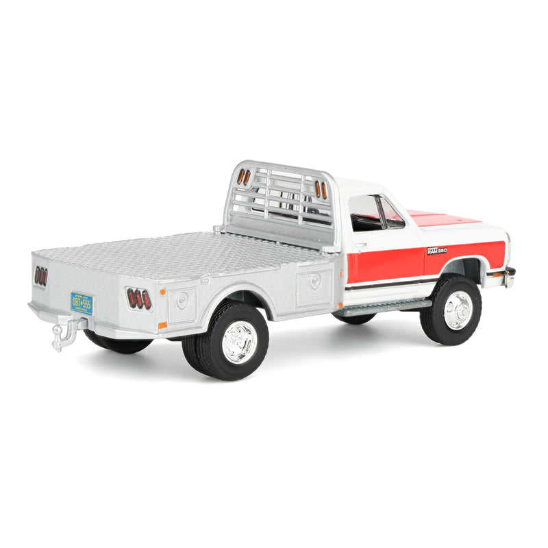 1/64 1992 White & Red 1st Gen Dodge Ram Dually Flatbed Truck with Red Gooseneck Flatbed Trailer, OBT Exclusive