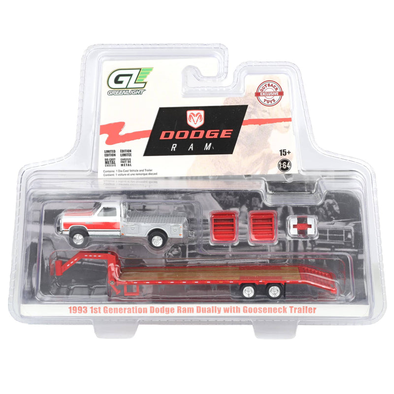 1/64 1992 White & Red 1st Gen Dodge Ram Dually Flatbed Truck with Red Gooseneck Flatbed Trailer, OBT Exclusive