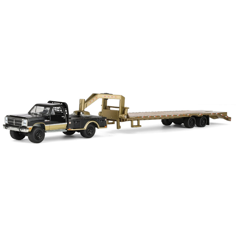 1/64 1992 Black & Gold 1st Gen Dodge Ram Dually Flatbed with Gold Gooseneck Flatbed Trailer, OBT Exclusive